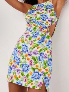 For Love & Lemons Lucy White Floral Cutout Mini Dress with Blue, Green & Orange